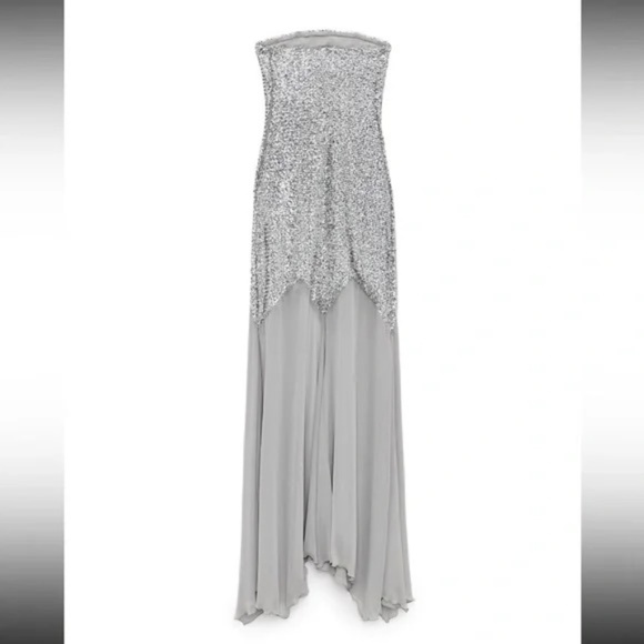 NWT Zara x Barbie limited edition strapless maxi dress chiffon sequin Silver - Picture 3 of 12